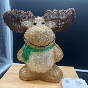 10" Clear LED Acrylic Charming Moose Statue w/ Green Scarf Christmas Decor Works